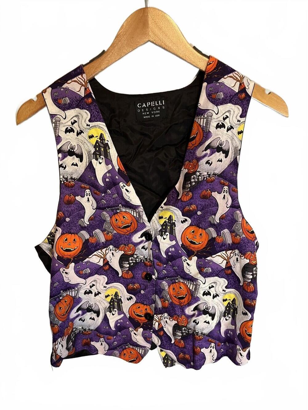 Capelli Designs Vintage Jack-O Lanterns Ghost Bats Halloween Vest OS 80/90s USA